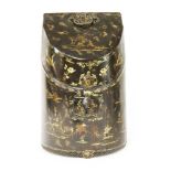 A Pontypool knifebox,18th century, fitted with contemporary silver cutlery, with chinoiserie