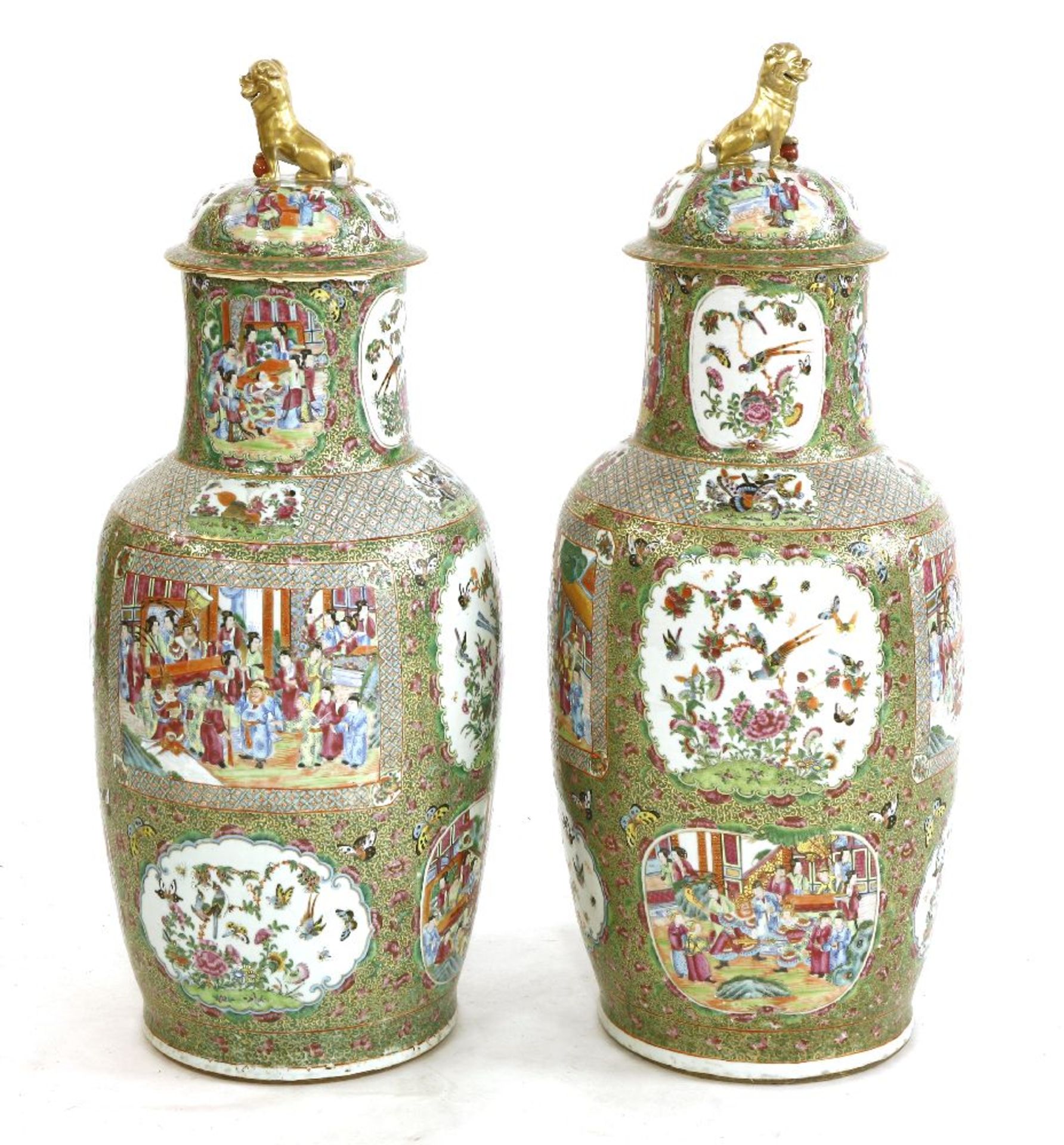 A pair of Canton vases and covers,19th century, each decorated with panels of figures, and - Image 2 of 2