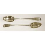 A pair of George III silver fiddle, thread and teardrop basting/serving spoons,George Smith III