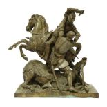 English School, late 19th century,a brass group depicting two fighting knights,48cm