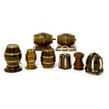 Eight string boxes,19th century, three brass bound walnut, of barrel form,one brass bound ebony,