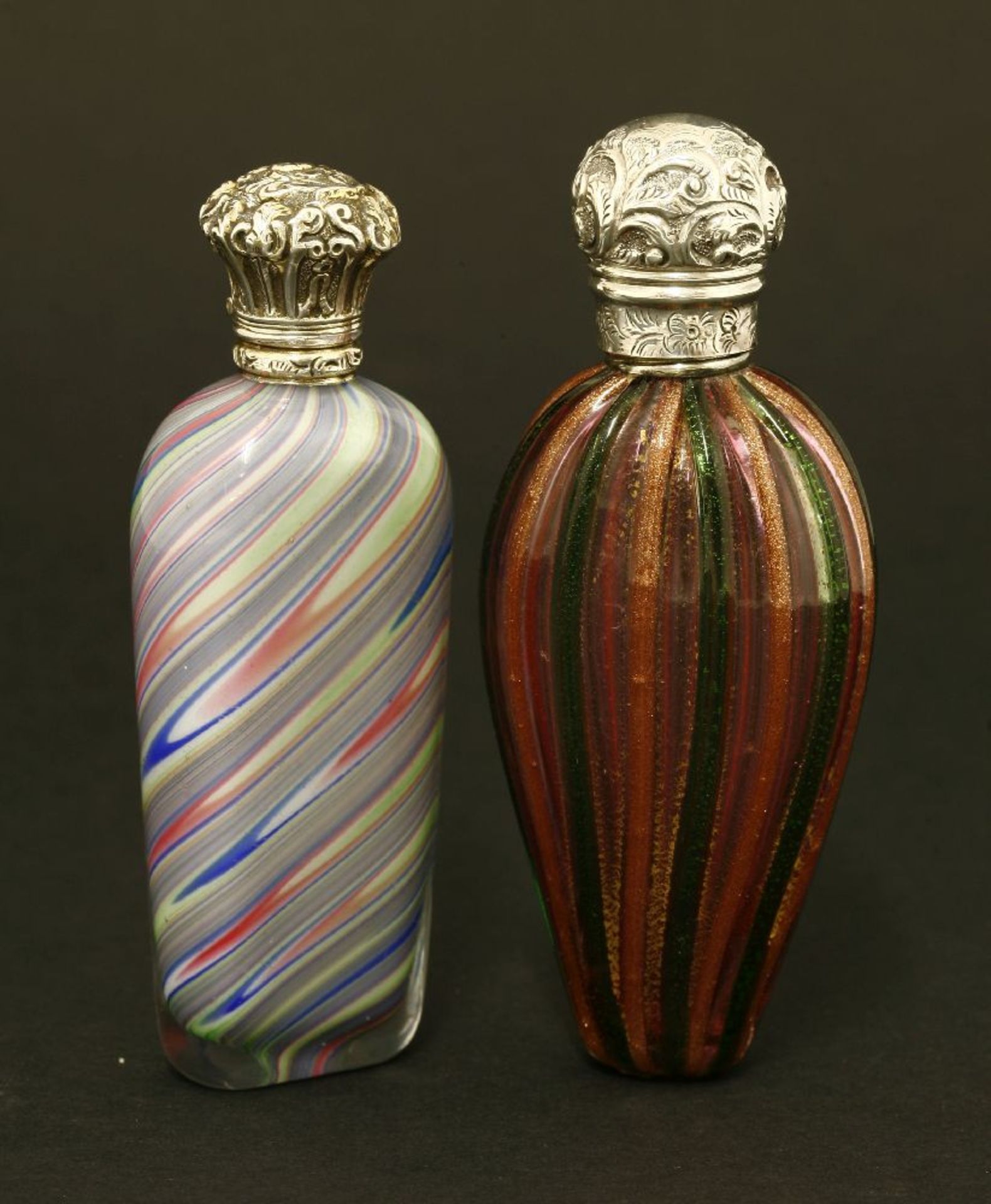 Two coloured glass scent bottles,William Stringer Mills, London 1887, the teardrop-shaped body