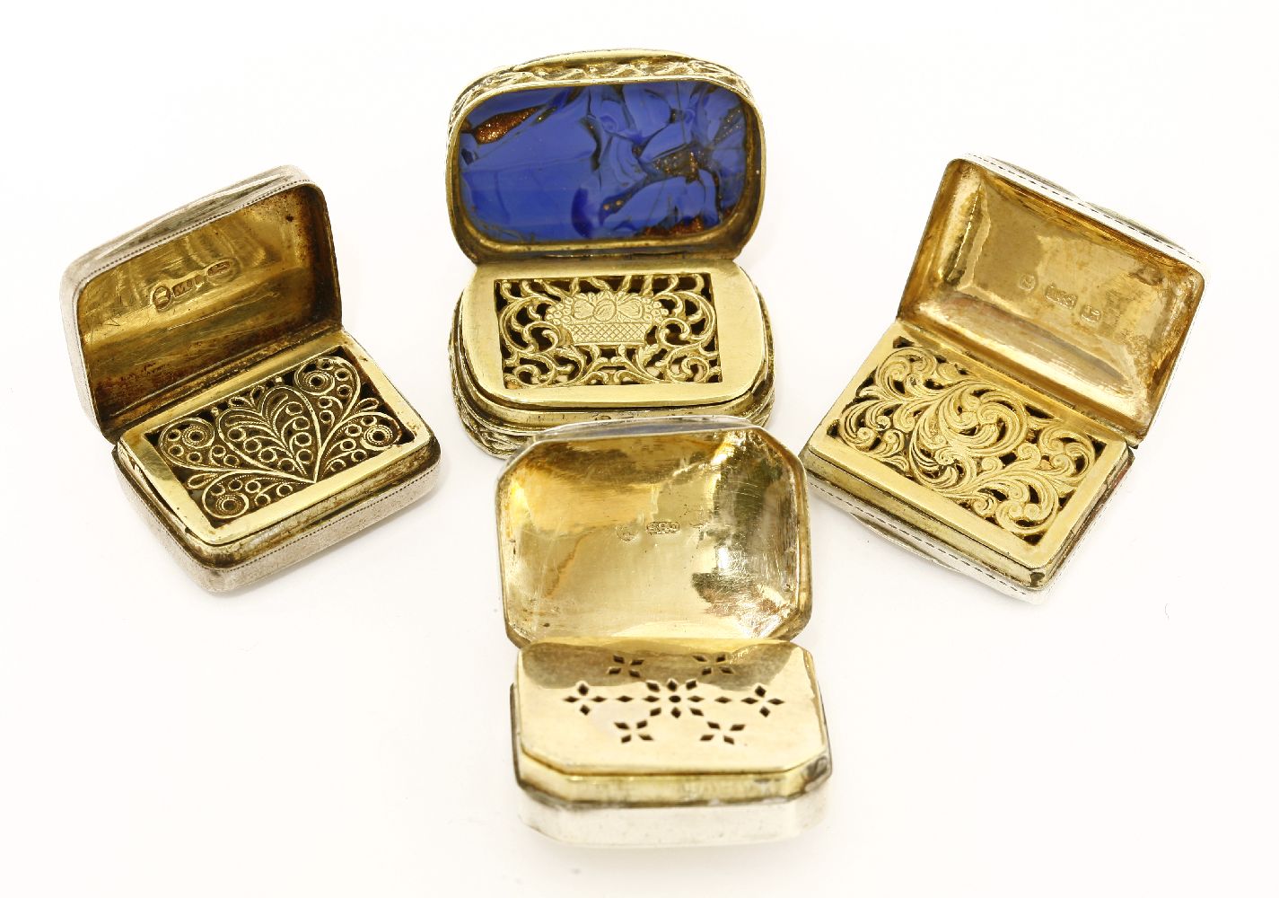 Four silver vinaigrettes,probably Birmingham 1809,silver gilt with a blue and aventurine cover,1.3cm - Image 2 of 2