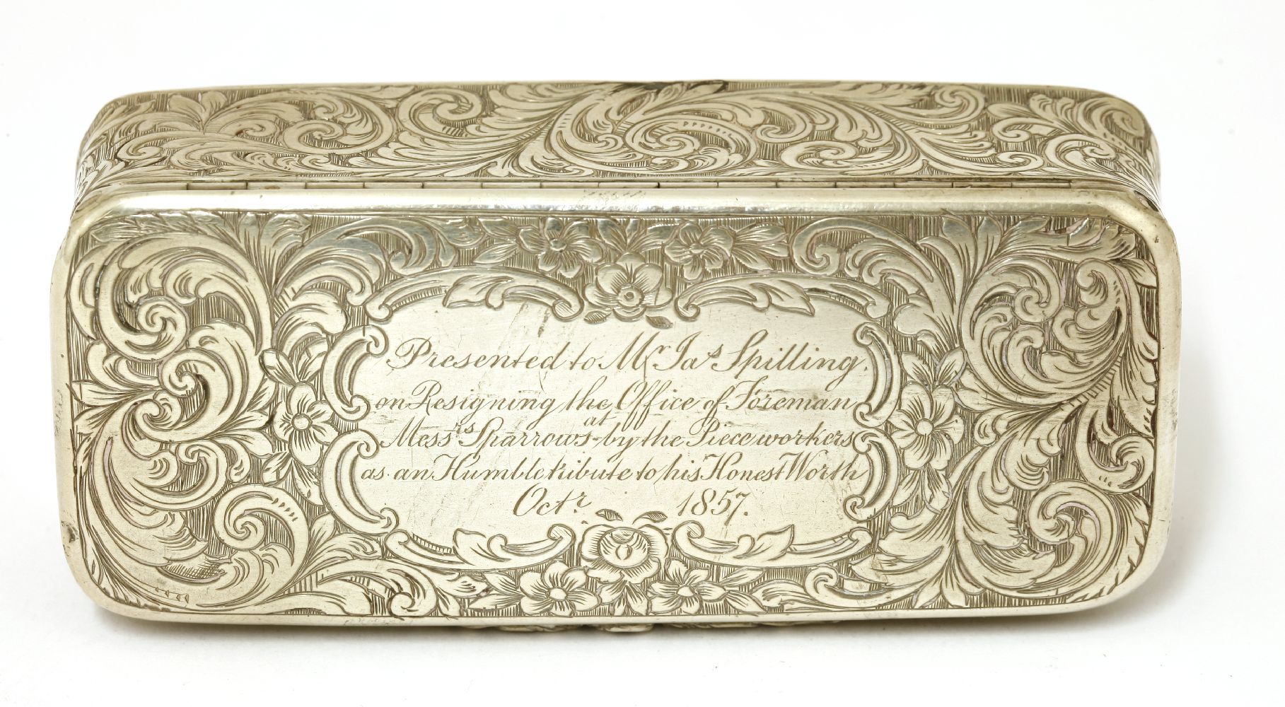 A Victorian silver snuff box,Yapp and Woodward, Birmingham 1855,of narrow rectangular form decorated - Image 2 of 3