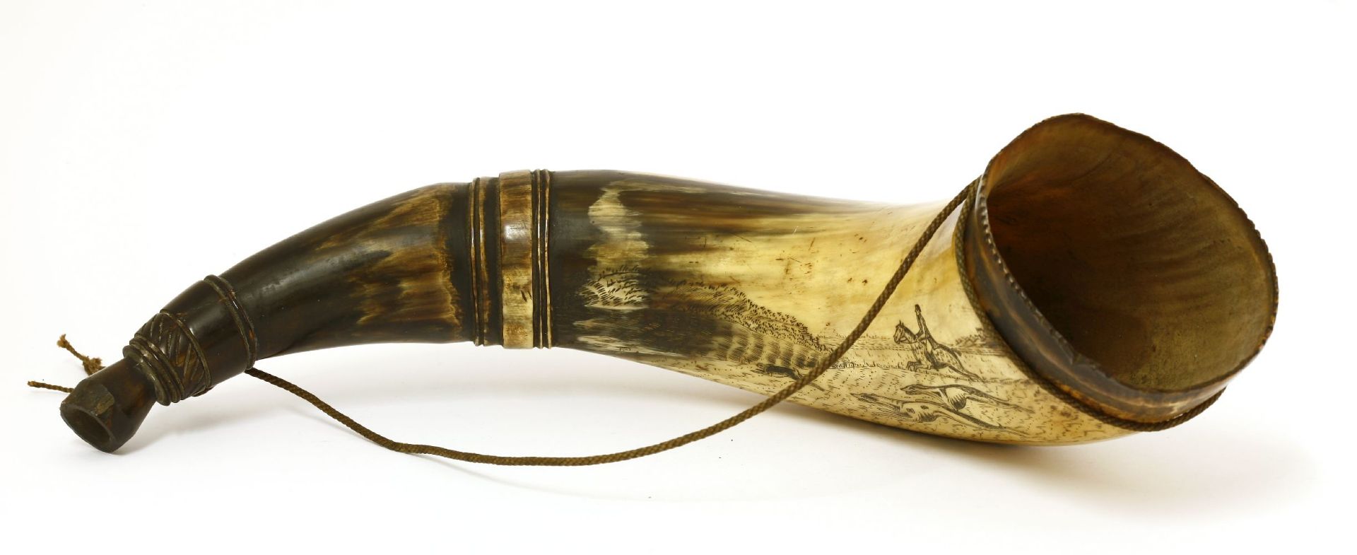 A scrimshaw hunting horn,mid-19th century, depicting hare coursing scenes, and inscribed 'From an - Image 2 of 4