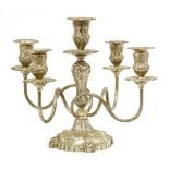 A silver five-light candelabra,by Hawksworth and Eyre, Birmingham 1939, the rocaille edged sconces