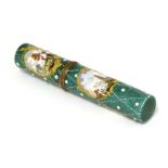 A Continental copper and enamelled sealing wax case,18th century, of cylindrical form with a