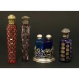 Three bohemian flash-dipped glass scent bottles,largest 13.5cm, anda plated holder containing two