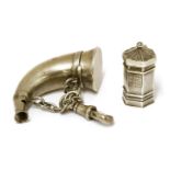A silver hunting horn-shaped whistle and vinaigrette,Sampson Mordan & Co., London,5cm long,