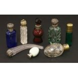 Eight Victorian scent bottles,including:a Sampson Mordan egg with a silver cover,a cut glass horn