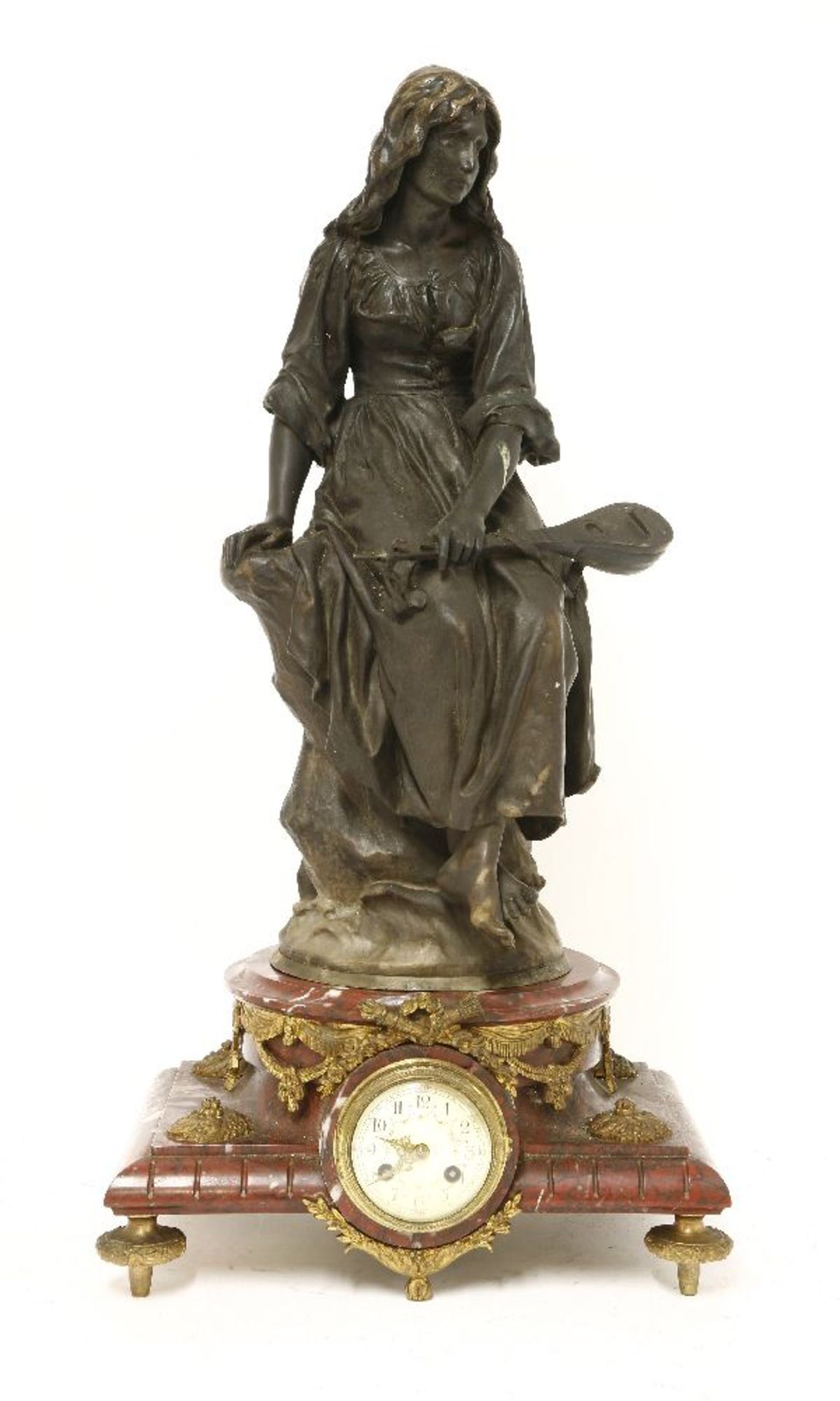 Paul Eugène Mengin (French 1853-1937),a bronze figure 'Femme a la Mandolin', standing on a red