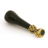 Two desk seals,French, cased with a quartz handle, an engraved yellow metal mount and bloodstone