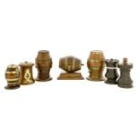 Seven string boxes,19th century, three brass bound walnut, of barrel form,one lignum vitae of
