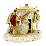 A large Continental porcelain group,of a lady and gentleman entering a sedan chair, two attendants