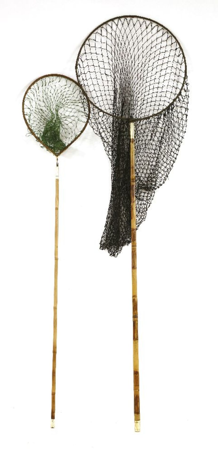 Fishing: two landing nets,the first with a large folding iron hoop, a 53cm diameter top net on a