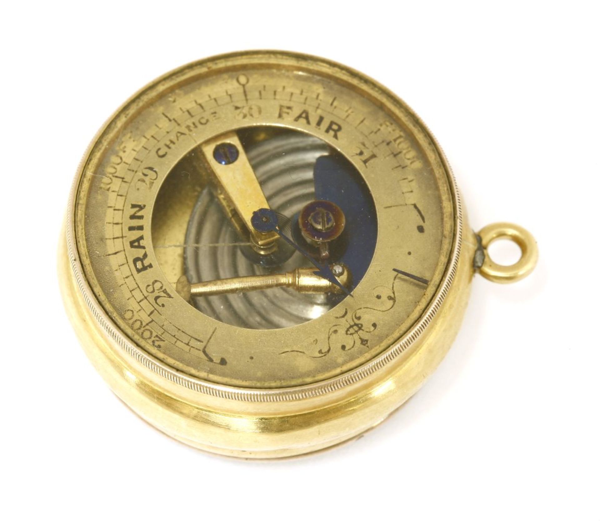 An 18ct gold pocket barometer and compass,stamped 18ct,2.5cm diameterProvenance: The Property of a