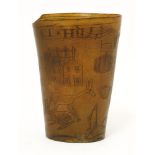 A horn beaker, mid-19th century, possibly American, engraved 'T*Hill', with houses, animals and