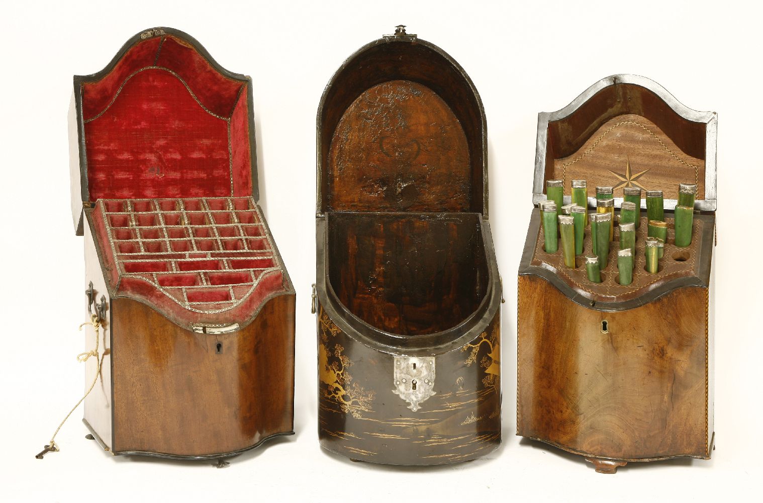 Three Georgian cutlery boxes, one japanned, with white metal lock plate and handles, the other two - Image 2 of 4