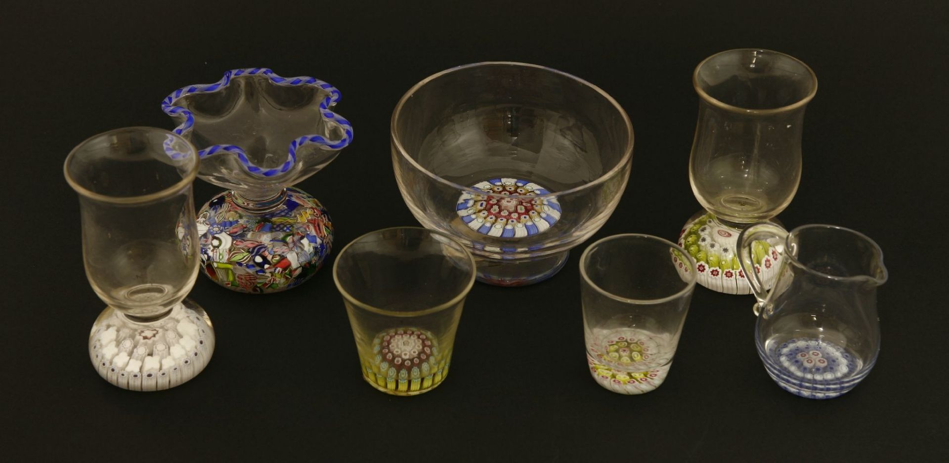 A collection of Stourbridge glass with millefiori paperweight bases,a pair of tall vases, 10cm,two - Image 2 of 2