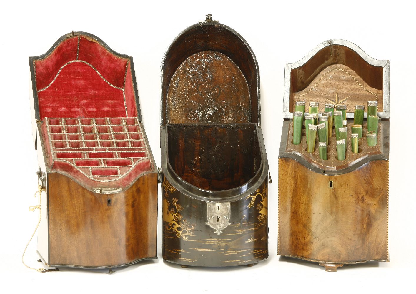 Three Georgian cutlery boxes, one japanned, with white metal lock plate and handles, the other two - Image 4 of 4