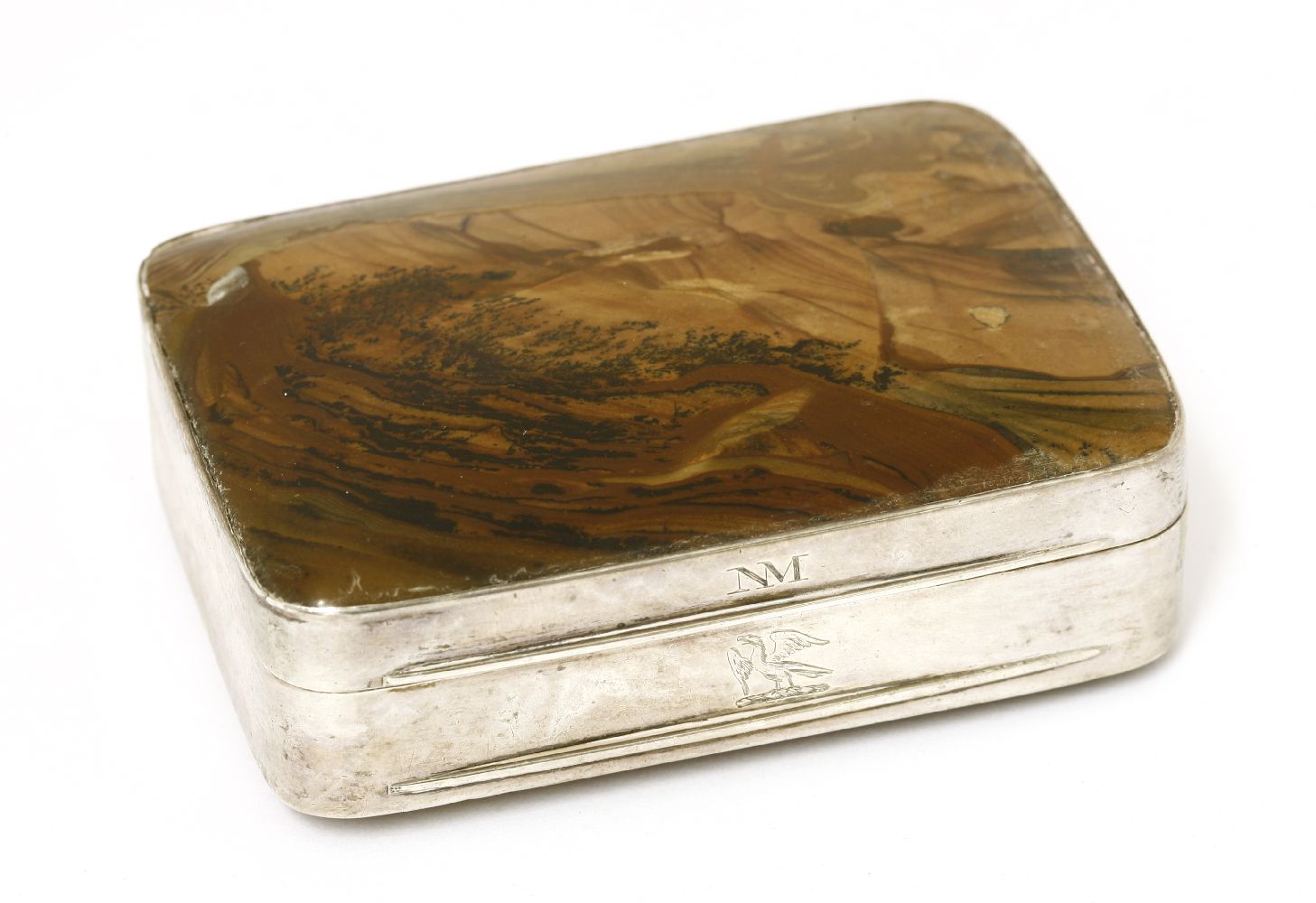 An unmarked 18th century silver and polished brown agate snuff box,of rectangular form with