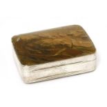 An unmarked 18th century silver and polished brown agate snuff box,of rectangular form with