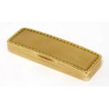 A George III 18ct gold toothpick box,Alexander J Strahan, London 1805,the narrow rectangular box