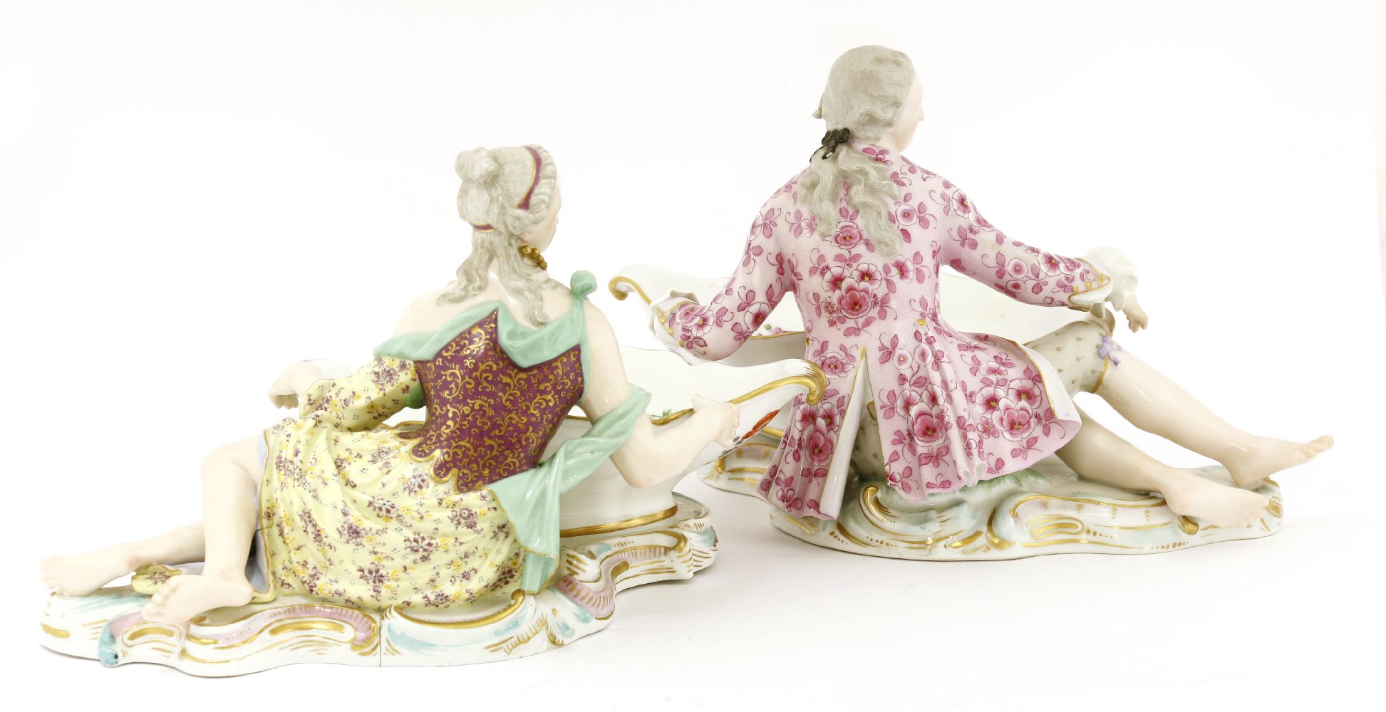 A near pair of Meissen porcelain figural salts,c.1880, modelled as a lady and a gentleman, each - Image 2 of 2