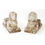 A pair of carved and wooden polychrome painted sphinxes, late 19th/early 20th century, with traces