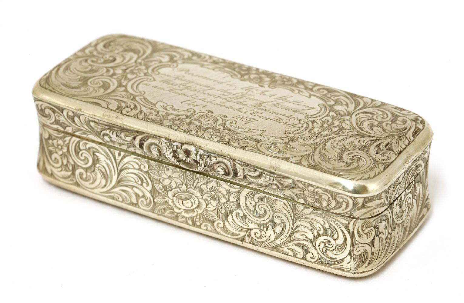 A Victorian silver snuff box,Yapp and Woodward, Birmingham 1855,of narrow rectangular form decorated