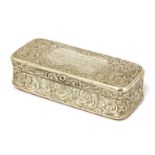 A Victorian silver snuff box,Yapp and Woodward, Birmingham 1855,of narrow rectangular form decorated