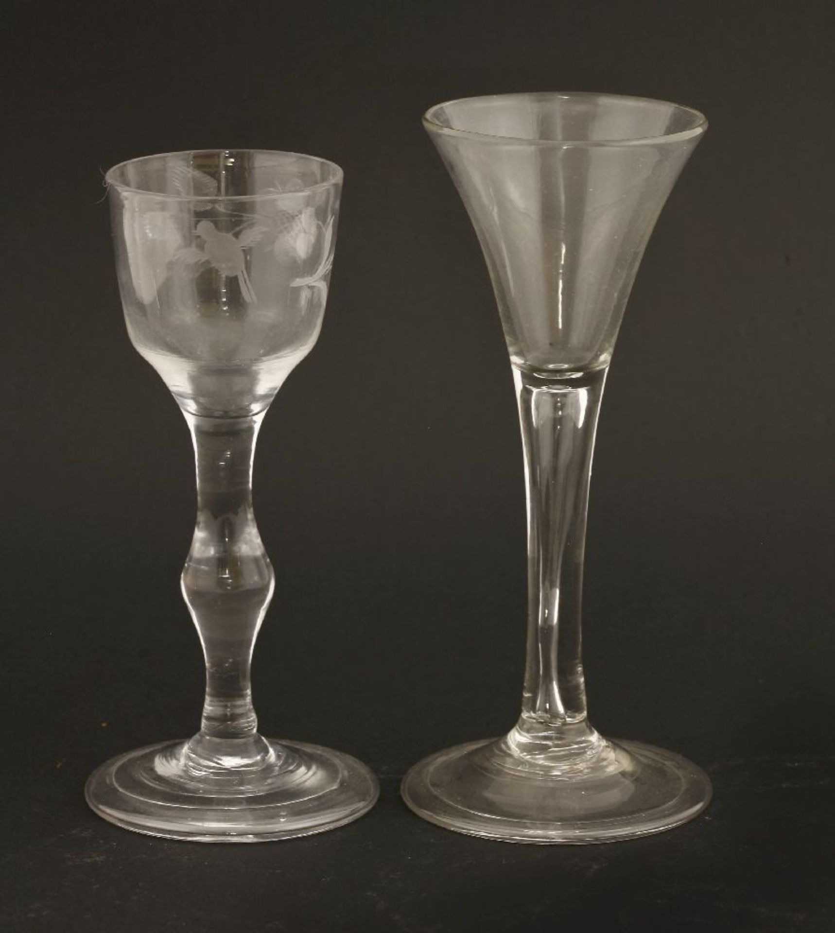 Two George III wine glasses,one with a drawn trumpet bowl, on a slender stem, a drawn teardrop and