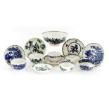 Five pairs of Worcester painted tea bowls and saucers,c.1760, another tea bowl and saucer, and a