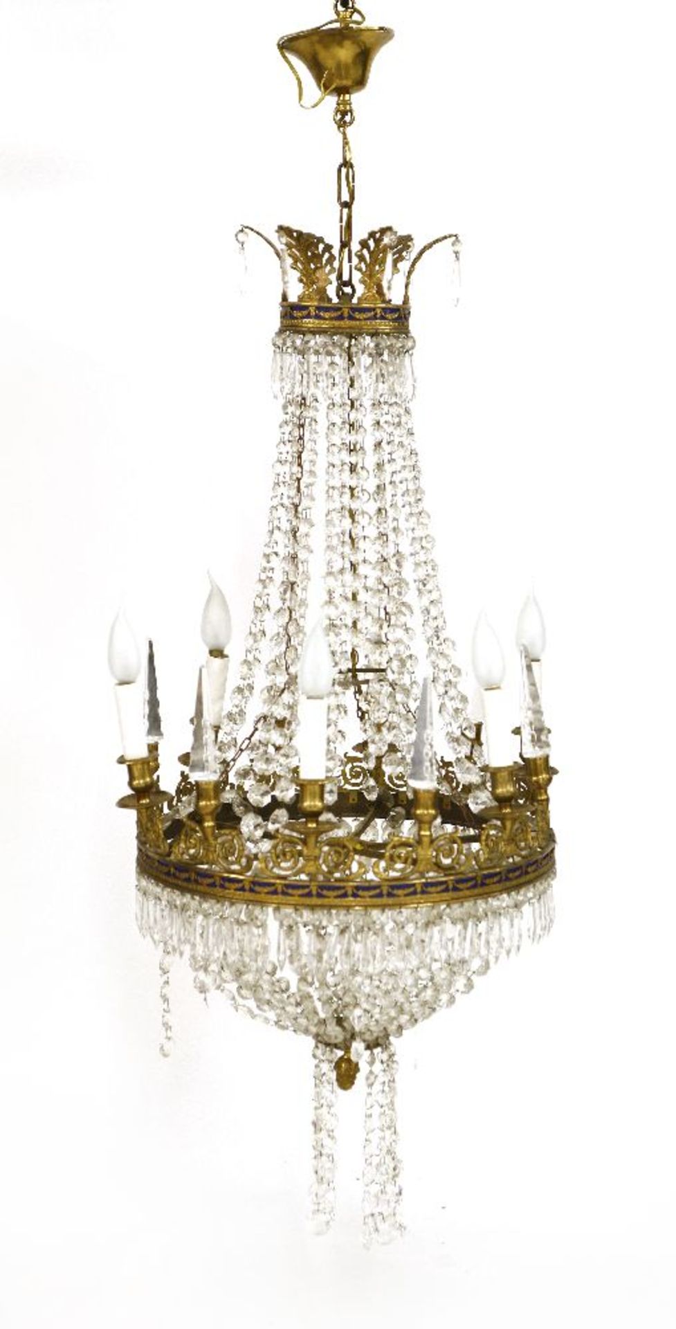 A Louis Philippe six-light hanging electrolier,with cut glass finials and prismatic drops, 110cm