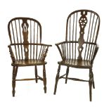 Two beechwood and elm high back Windsor chairs,on turned supports (2)