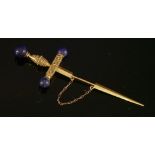 A Victorian gold Etruscan Revival lapis lazuli sword and scabbard pin,the grip and cross guard