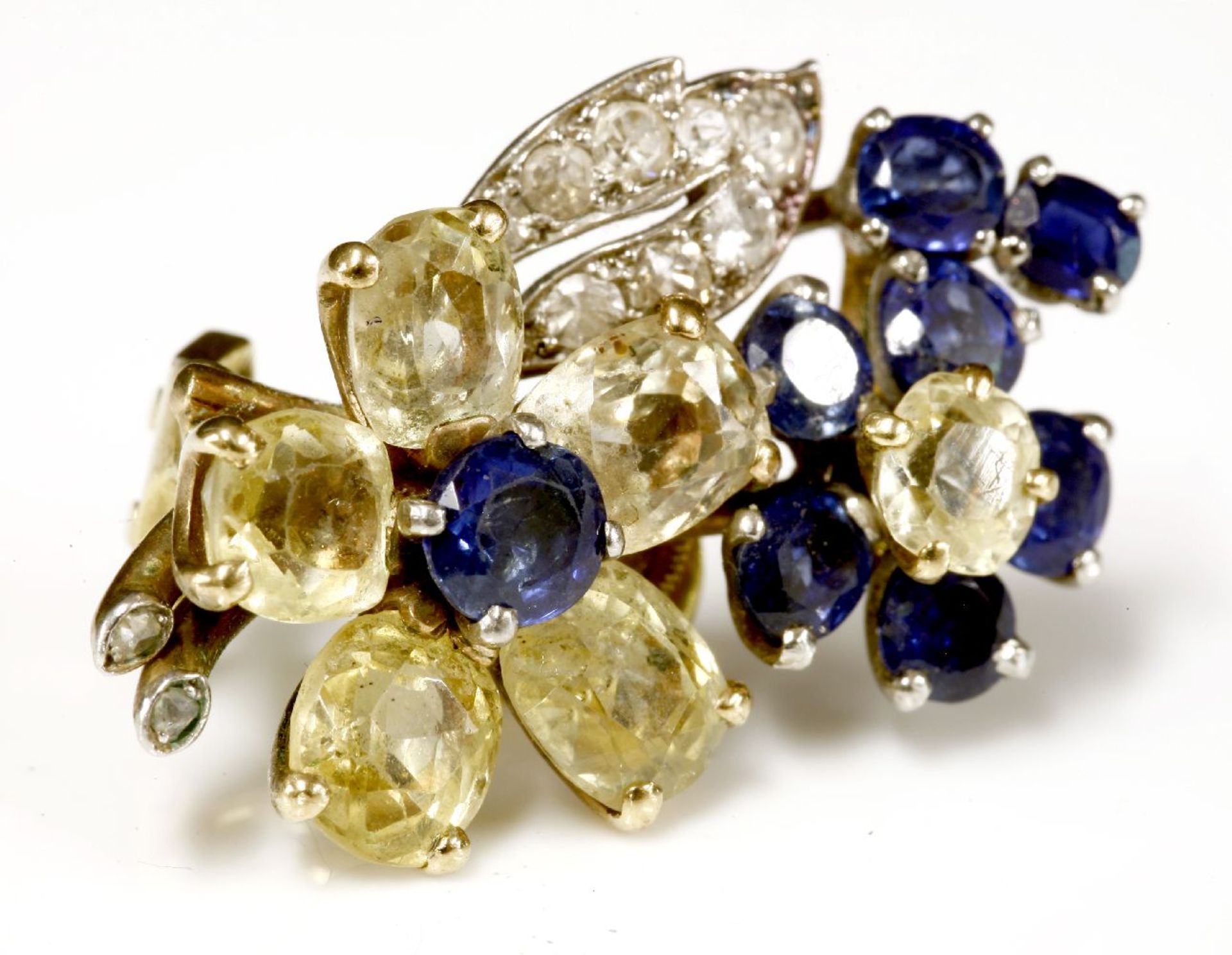 A sapphire and diamond single spray earring,with flower head composed of clusters of blue and yellow - Image 2 of 2