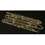 A late Victorian gold guard chain, with sections of matching pairs of belcher links, between navette