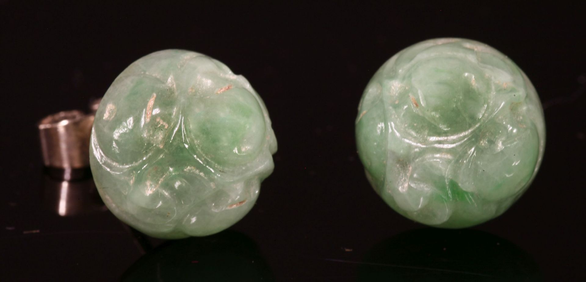 A pair of 9ct white gold jade stud earrings by Cropp & Farr, c.1960,each carved jade half bead, - Image 2 of 2