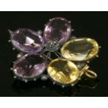 A Regency gold, gemstone set, pansy brooch/pendant,with oval mixed cut citrines and amethysts, set