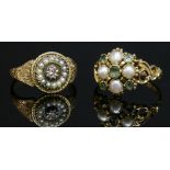 A diamond and split pearl cluster ring, c.1840,with a triangular rose cut diamond, in a cut down