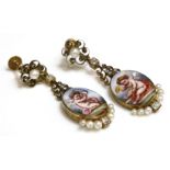 A pair of Victorian pearl, diamond and enamel drop earrings,with later screw fittings. Each