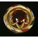 A Scottish gold, citrine and specimen hardstone brooch/pendant,of shield form, with a circular mixed