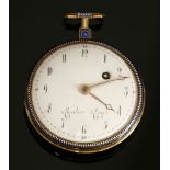 An 18ct gold key wound enamelled open faced pocket watch, c.1820, by Chevalier & Company. The case