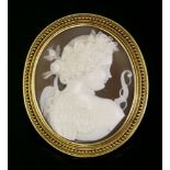 A Victorian carved shell cameo brooch depicting Cupid,with oval carved shell in white to a light