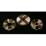 Three Scottish specimen hardstone or pebble brooches, to include a silver deca-section agate