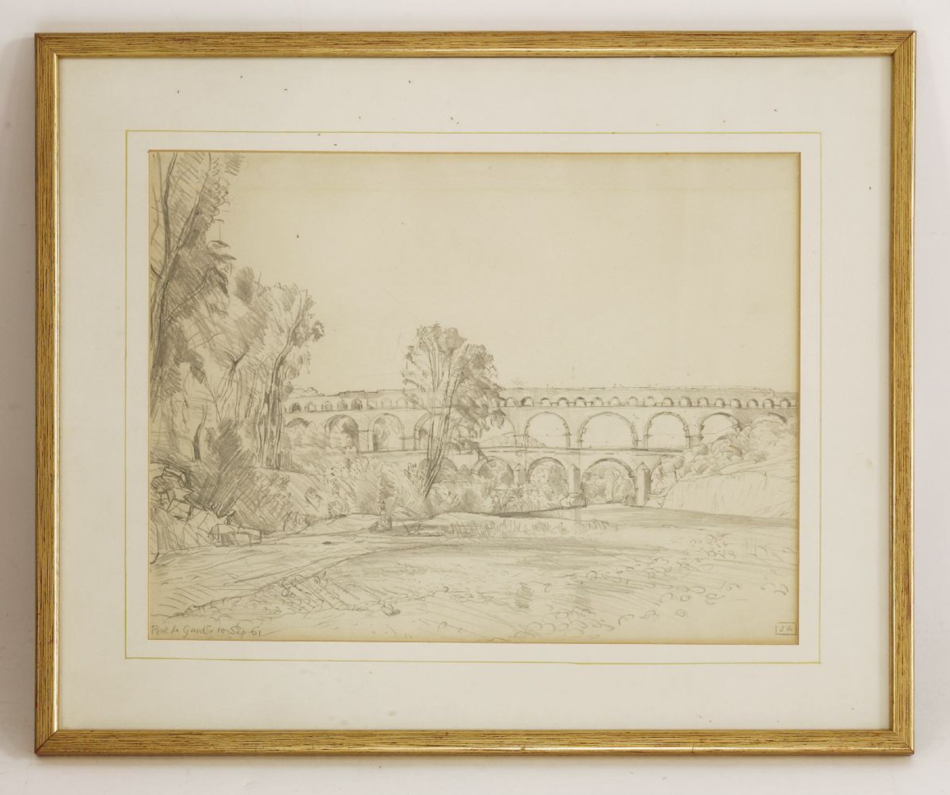 *John Aldridge RA (1905-1983) 'THE PONT DU GARD' Stamped with initials, inscribed with title and - Image 2 of 4