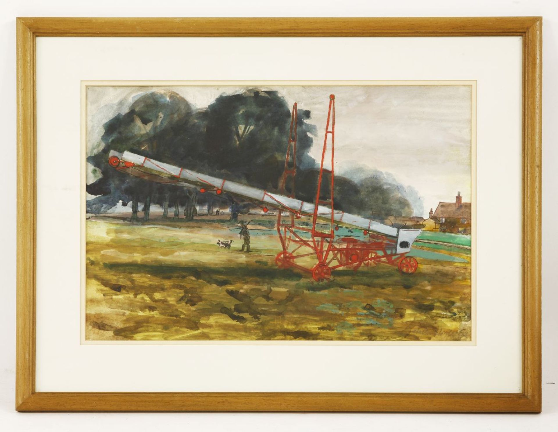 *Walter Hoyle (1922-2000)A FARM WITH MACHINERY, A FIGURE AND A DOGSigned and dated '52 in pencil l. - Image 2 of 4