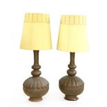 A pair of Indian brass lamps with large silk shades, each 120cm high