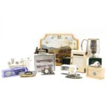 A small quantity of railway related items to include models, an Orient Express whistle, a pair of